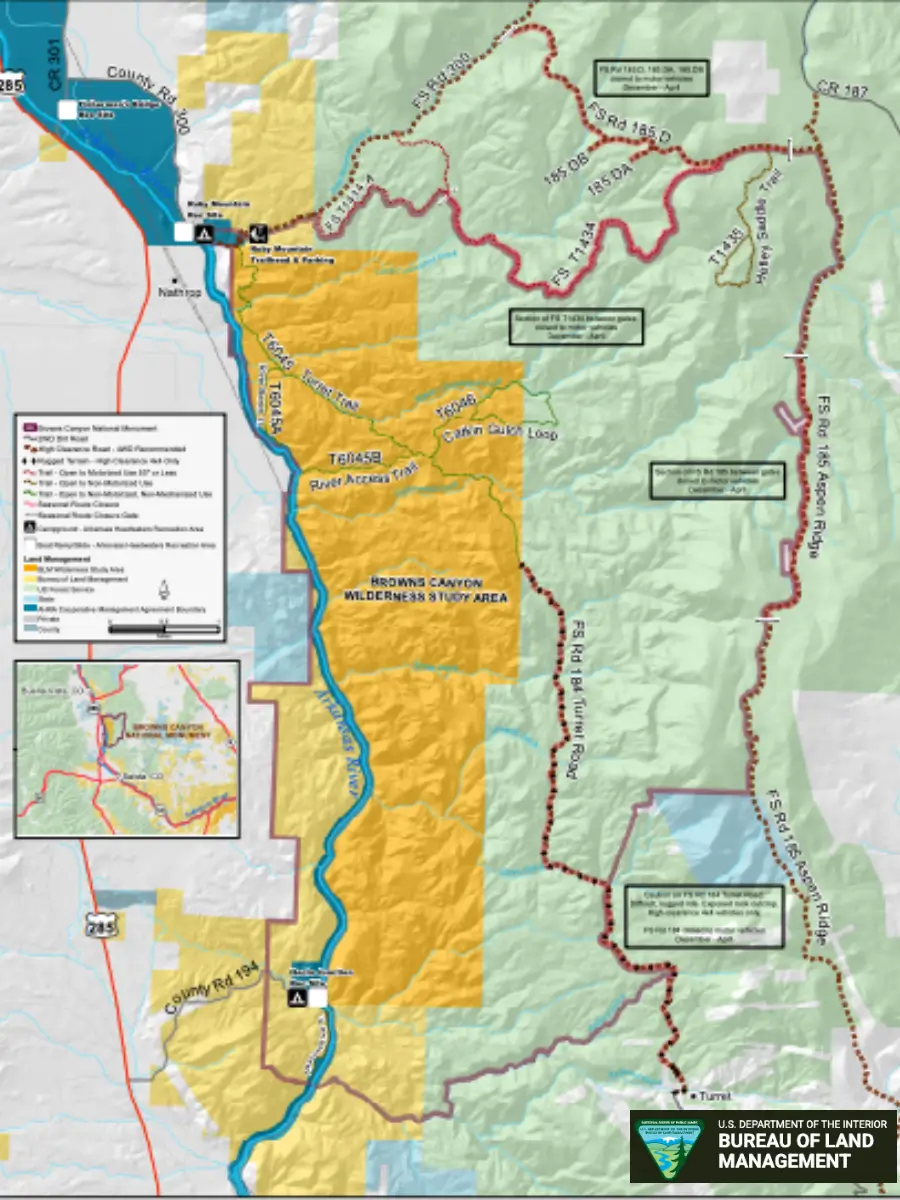 Bureau of Land Management Map showing location of Browns Canyon National Monument and Arkansas River corridor in Colorado