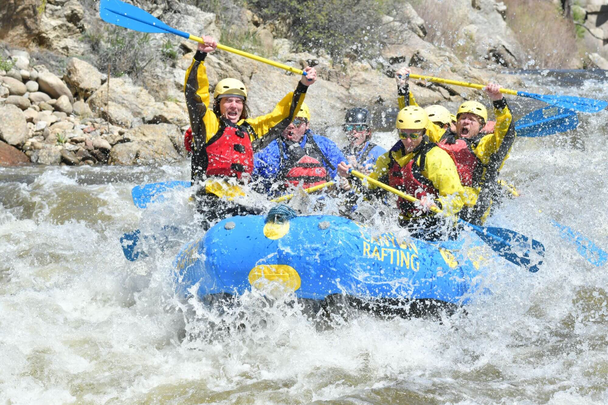 Group on a white water rafting adventure on the Arkansas River, a day trip from Winter Park, Colorado.